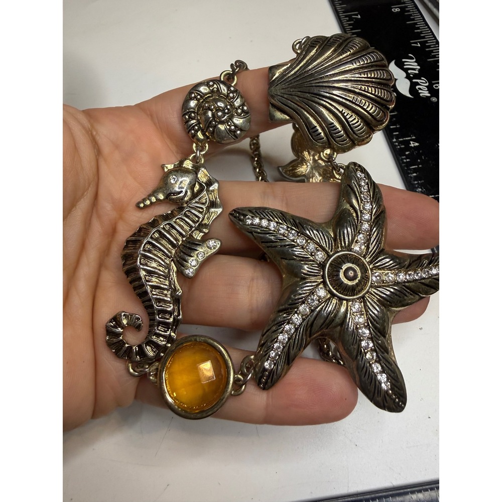 Nautical Seahorse Starfish Shell Statement Necklace Silver Tone Rhinestone Amber